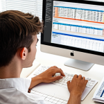 **A web designer meticulously organizing a self-study curriculum:** A young professional at a bright, modern desk covered in web design books, a laptop displaying code, and a neatly organized spreadsheet. The atmosphere is focused and determined, showcasing the dedication needed for self-taught web design.