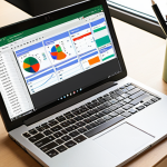 ** A close-up shot of a web designer's workspace. A laptop displays a detailed work log spreadsheet (Google Sheets or Excel) showcasing columns for date, project, task, time spent, and notes. The work area is organized with design-related items like a sketchbook, color swatches, and a coffee mug. The overall tone is productive and meticulous.

**