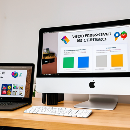 Home 7 **Prompt:** A web designer proudly displaying digital badges for Google UX Design Professional Certificate and Adobe Certified Professional, alongside a vibrant portfolio showcasing diverse web design projects. The background features a modern office setting with dual monitors and design tools.