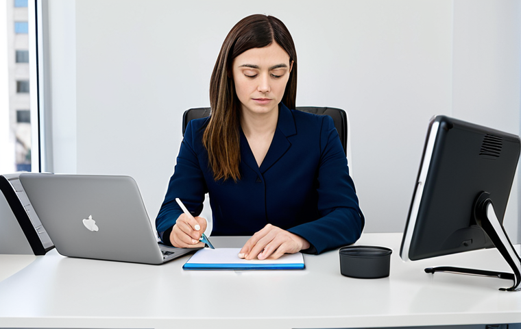 A professional female user in modest business casual attire, engaged in a moderated usability test. She is sitting comfortably at a sleek, minimalist desk, interacting with a tablet displaying a clean, modern user interface. A professional male moderator, fully clothed in appropriate business attire, is seated beside her, observing intently and taking notes on a laptop. The setting is a bright, quiet usability lab with soft natural lighting. The scene emphasizes collaboration and focused observation. Safe for work, appropriate content, fully clothed, professional, perfect anatomy, correct proportions, natural pose, well-formed hands, proper finger count, natural body proportions, high-quality professional photography.