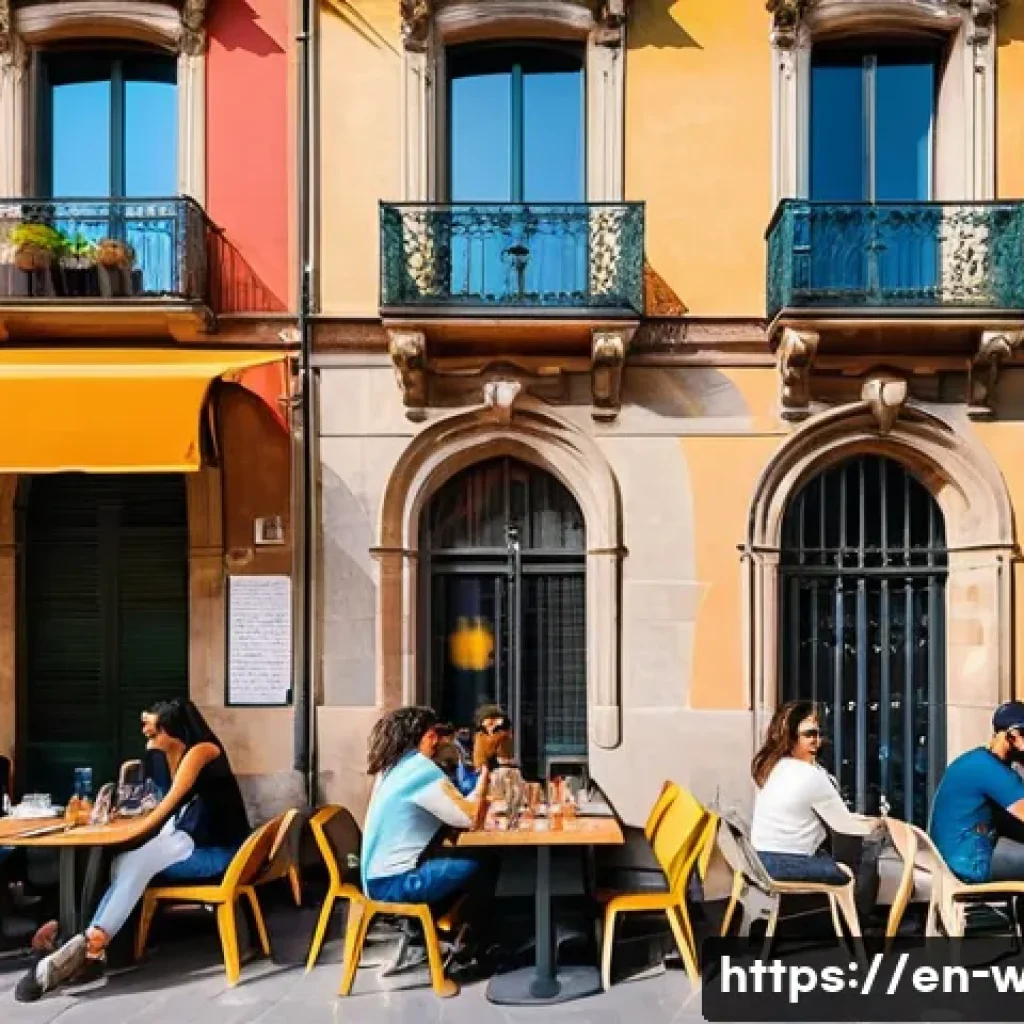 웹디자인 해외 연수 프로그램 - A vibrant urban street scene in Barcelona showcasing colorful street art murals blending with histor...