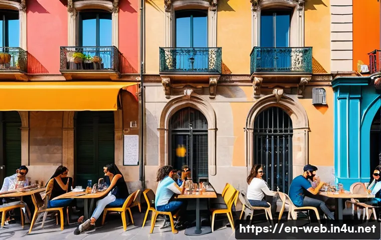 웹디자인 해외 연수 프로그램 - A vibrant urban street scene in Barcelona showcasing colorful street art murals blending with histor...