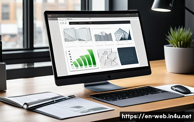 웹디자인 현장 경험 공유 - A modern web designer’s workspace featuring a large widescreen monitor displaying a homepage layout ...