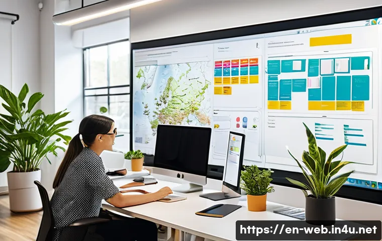 웹디자인 고객 피드백 활용 - A modern UX designer’s workspace featuring a large computer screen displaying detailed user journey ...