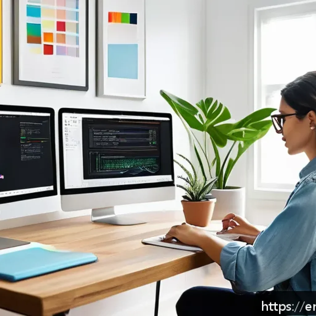 웹디자인 자격증 난이도 분석 - A modern home office setup featuring a young professional focused on web design certification studie...
