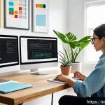 Home 19 웹디자인 자격증 난이도 분석 - A modern home office setup featuring a young professional focused on web design certification studie...