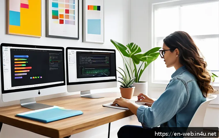 웹디자인 자격증 난이도 분석 - A modern home office setup featuring a young professional focused on web design certification studie...
