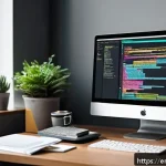 Home 18 웹디자인 CSS 프레임워크 활용 - A modern web developer’s workspace featuring a large high-resolution monitor displaying modular CSS ...