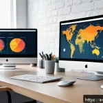 Home 23 웹디자인 성공 사례 분석 - A modern web designer’s workspace featuring multiple large monitors displaying heatmaps, click patte...