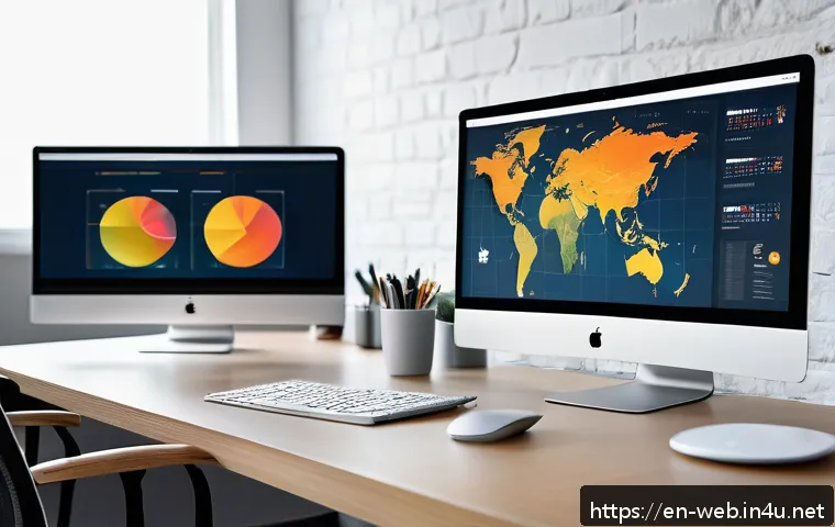 웹디자인 성공 사례 분석 - A modern web designer&rsquo;s workspace featuring multiple large monitors displaying heatmaps, click patte...