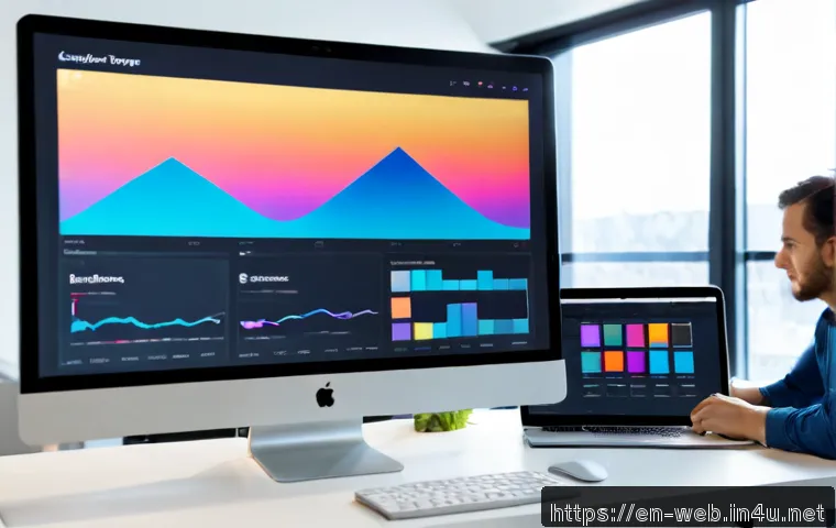 웹디자인 업계 동향 리포트 - Photorealistic modern web design trend report scene, diverse creative team reviewing a large desktop...
